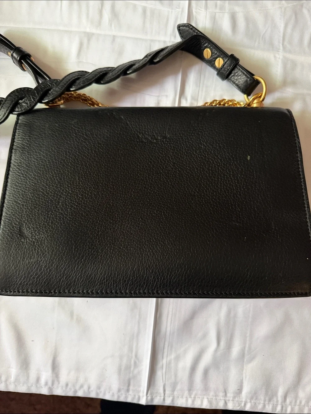 Tory Burch Black Leather Shoulder Bag with Gold Emblem and Chain